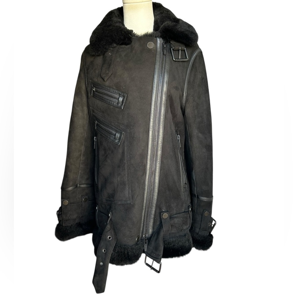 The Arrivals Moya Oversized Shearling Black Suede Moto Jacket Size Small - Picture 5 of 15